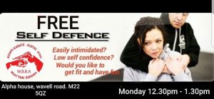 The Wythenshawe Black Belt Academy is hosting a FREE ladies self defence class. Every Monday 12.30pm – 1.30pm.