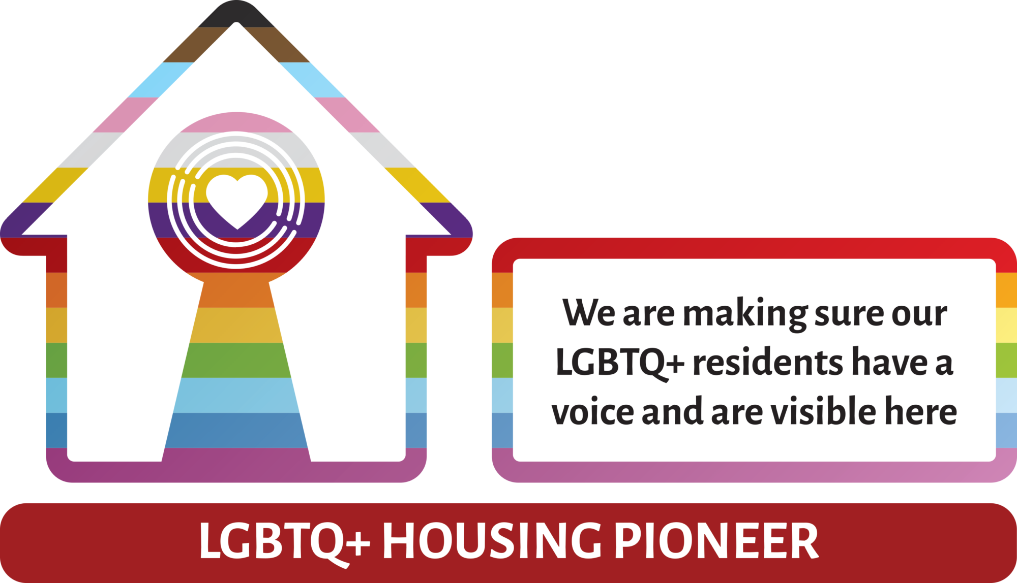 Logo of LGBTQ+ Housing Pioneer+ featuring a house with rainbow colours and text stating, We are going further alongside our LGBTQ+ residents.